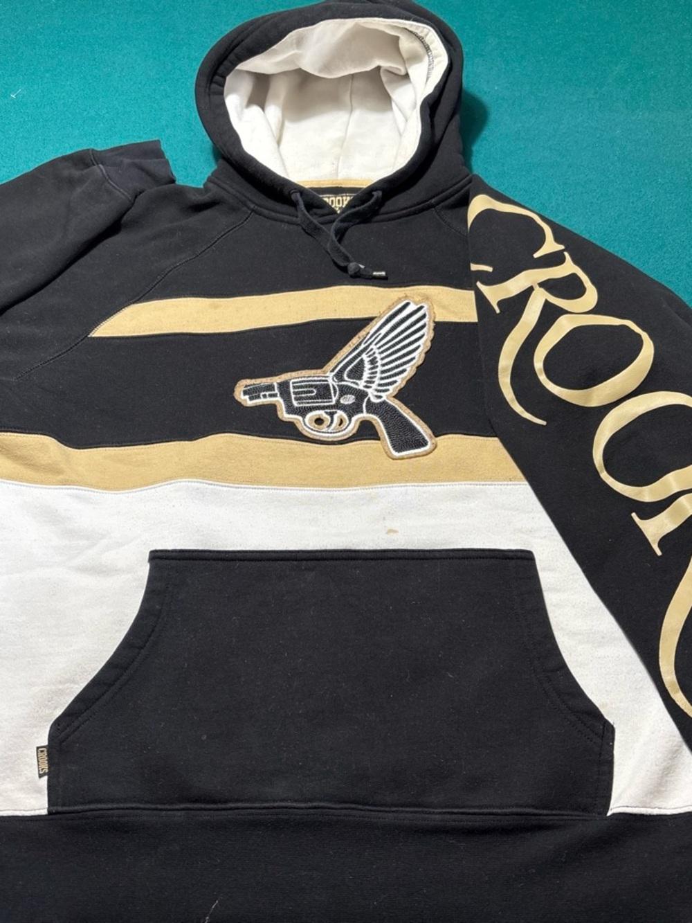 Crooks & Castles Black and Cream Striped Hoodie ( 2 small stains ) L , $26